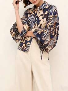 Elegant Women's Long Sleeve Shirt, Featuring Unique Patterned Woven Fabric And Button Details, Relaxed Fit Vacation Spring - Multicolor - View 5