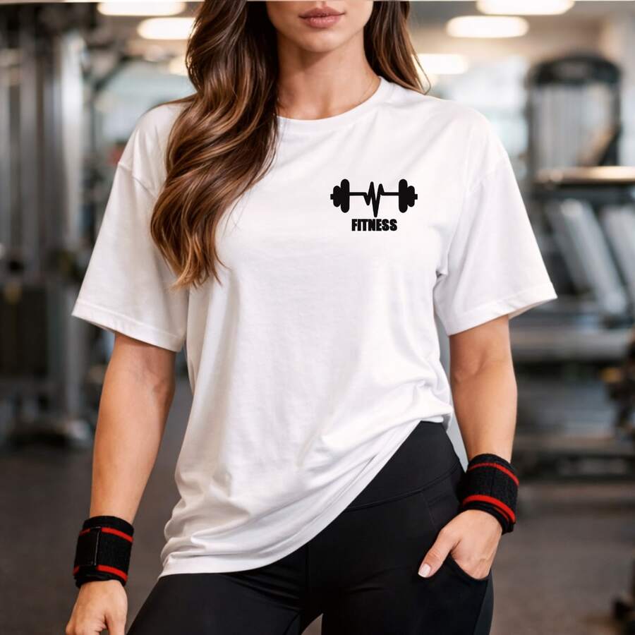 Women's Oversized T-Shirt, 100% Cotton, Gym, Workout, Fitness, Weightlifting, Dumbbells - BRANCO - 查看 1