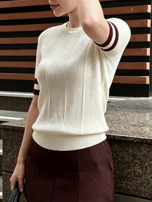 女士优雅休闲针织上衣，圆领撞色短袖设计，针织套头衫，女士通勤装，复古风格，适合外出、度假、聚会，简约时尚夏季穿搭 - 米色 - 查看 5