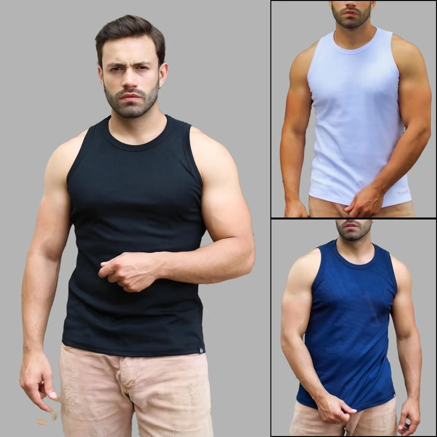 Men's American Ribbed Cotton Tank Top For Gym - Black, White, Blue - View 1