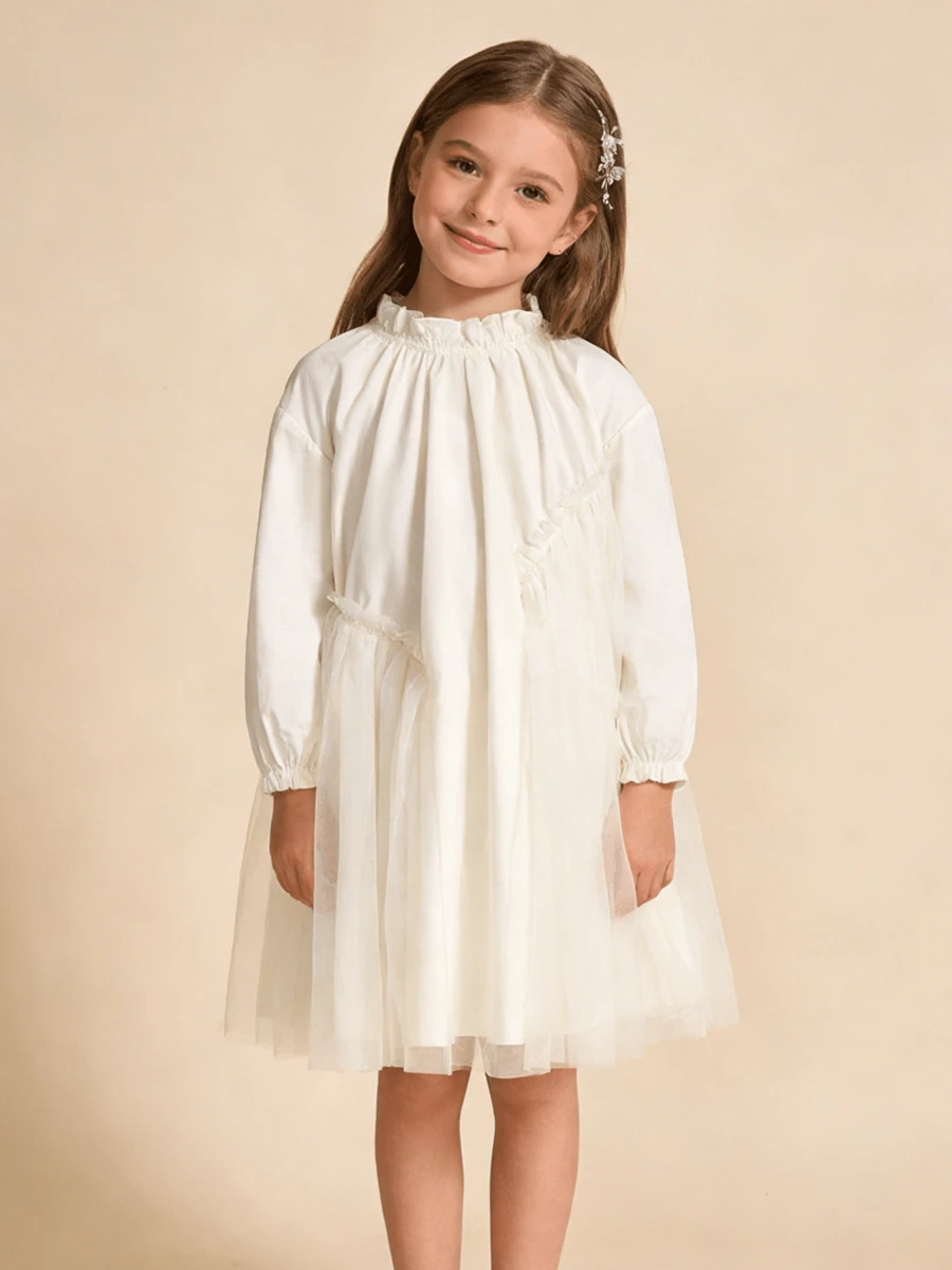 mini bala Girls' Princess Dress, Sweet Mesh Patchwork Chinese Dragon Year Party Dress