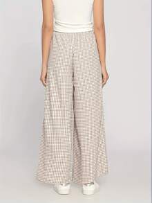 Women's Retro Plaid Wide-Leg Pants, Off-White/Brown Plaid Elastic Waistband, High-Waisted Flowy Trousers, Loose And Slimming Casual Pants, Versatile Commuter/Home Pants - Rượu sâm banh - Xem 2