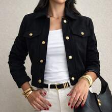 Women's Wool Bomber Jacket With Long Sleeves And Buttons - Black - View 1