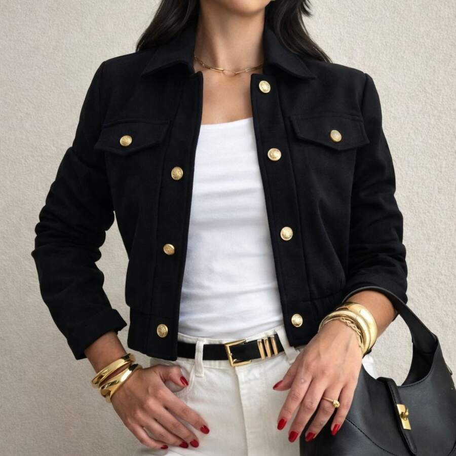 Women's Wool Bomber Jacket With Long Sleeves And Buttons - Black - View 1
