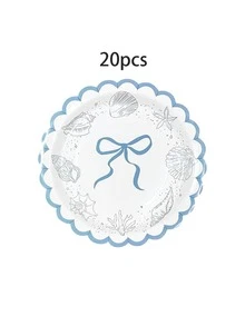 Bộ 10/20/30 đĩa giấy họa tiết vỏ sò ven biển, đĩa giấy dùng một lần với nơ màu xanh nhạt và viền lượn sóng, đĩa giấy tráng miệng 7/9 inch, hoàn hảo cho tiệc bãi biển, tiệc cưới, tiệc mừng em bé và các sự kiện theo chủ đề hàng hải dành cho nam và nữ. - Nhiều màu - Xem 9