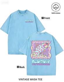 2026 Men's Washed Pure Cotton Short Sleeve T-Shirt Old Row Colorful Trout Outdoor Print  Vintage Top High-Quality Fashionable Soft Comfortable Daily Wear Party Creative Gift, High-Quality Wax Printed Cotton Retro Fashion Brand T-Shirt, Men's T-Shirt, Beach Must-Have, Men's Summer T-Shirt, Holiday Gift, Perfect Gift, Valentine's Day Gift - Màu xanh nhạt - Xem 2