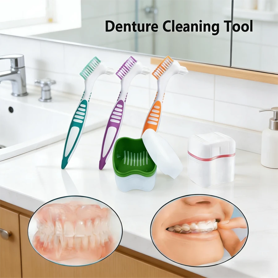 Dental Prosthesis Fixation Cleaning Set, Fixation Cleaner Box, Toothbrush, Double-Sided Toothbrush, Multi-Layer Bristles, Denture Cleaning, European Dental Prosthesis Cleaning Box, Dental Prosthesis Box With Invisible Fixation, Dental Prosthesis Cleaning Box With Double Layer And Filter, Denture Box, Travel Set. Back To School, Mother's Day, Father's Day Gift Ideas.