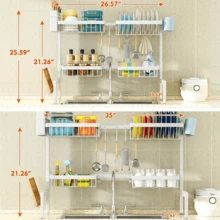 Adjustable Over The Sink Dish Drying Rack, Multifunctional Kitchen Sink Organizer With Multiple Storage Baskets - White - View 7