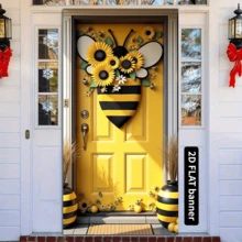 2D Flat Bee Theme Doorway Banner Curtain Flag, With Bee Details And Sunflower Design, Suitable For Spring, Camera Backdrop And Indoor/Outdoor Event Party Decoration - A - View 6