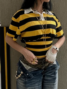 2026 New HoloChill Women's Casual Colorblock Striped Polo Collar Short Sleeve Knit Pullover Top, Summer Versatile Fitted T-Shirt, Women's Spring Apparel, Women's Holiday Party Top, Women's Beach Outfit, Women's Elegant Summer Vacation Wear - Yellow - View 3
