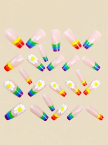 24pcs Rainbow Striped Daisy Pattern False Nails, Nail Art Supplies, Long Fake Nails, Y2K Style - Multicolor - View 3