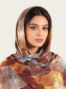1件装女士时尚精致穆斯林头巾，拼接印花时尚中东长围巾 - 印花長巾多色 - 查看 8