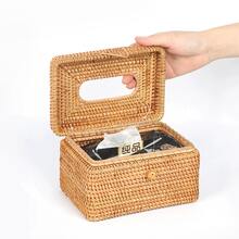1pc Square Rattan Tissue Box Cover, Hand Woven Wicker Tissue Holder, Rattan Woven Storage Tissue Holder, Desktop Tissue Box Organizer, Home Office Desk Decoration - Brown - View 11