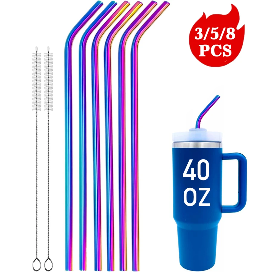 3/5/8 Stücke wiederverwendbare Regenbogen-Strohhalme passend für 40oz Becher, inklusive Reinigungsbürste, 304 Edelstahl extra lang geeignet für hohe Becher, verwendbar für Milchshakes/Eiskaffee/Eisgetränke, langanhaltend Becherzubehör, Partyartikel - Übersicht 1