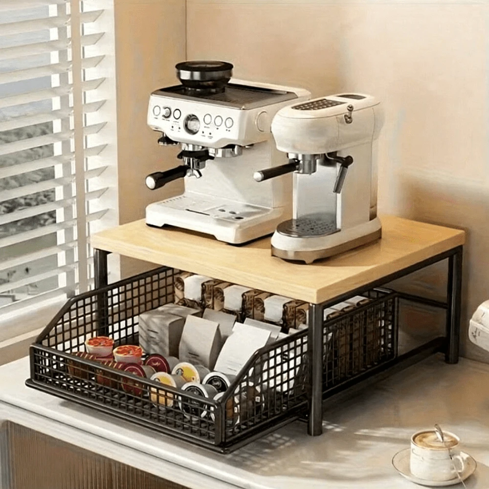 Kệ đựng đồ nhà bếp bằng gỗ và kim loại chắc chắn, tiết kiệm không gian, giỏ đựng rau củ, kệ để lò vi sóng, đựng được nồi, chảo, dụng cụ nhà bếp, gia vị - không cần điện, thiết kế hiện đại, giúp sắp xếp đồ dùng gia đình gọn gàng với ngăn kéo và giỏ kim loại. - màu đen - Xem 1