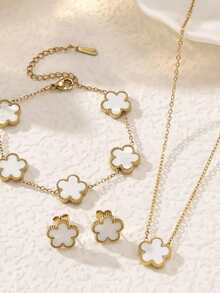 女士三件套不锈钢四叶草首饰套装，双面花朵项链、耳环、手链，时尚简约，适合日常佩戴 - 五葉草3件套 - 查看 23