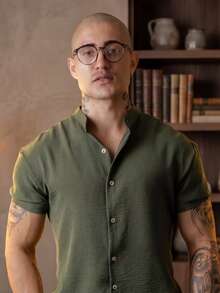 Men's Short Sleeve Shirt With Priest Collar Elegant Casual Party Work - Army Green - View 3