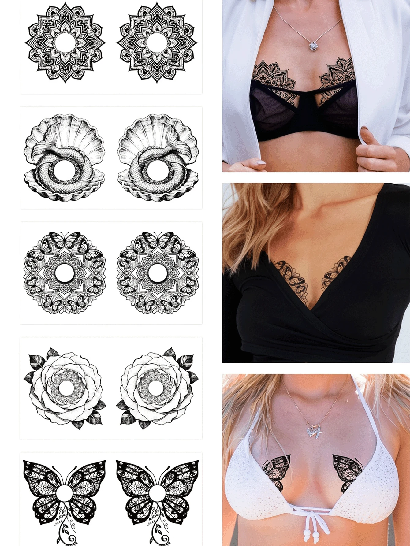 Chest Tattoo Stickers, Mandala & Butterfly Designs, Multi-Purpose Body Art Decals, Waterproof & Easy To Remove - Multicolor - View 1