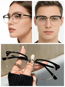 1 Pair Ultra-Light Semi-Metal Frame Glasses, Stylish Large Frame Eyebrow Design Flat Lens Glasses, Suitable For Daily Wear - Black - View 6