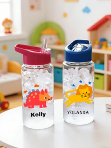 Customizable Name 500ml Water Bottle With Straw, Outdoor Sports Water Bottle, Cartoon Student Cup, Birthday Gift - Clear - View 2