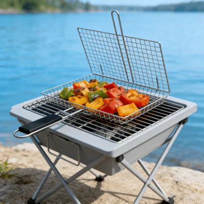 Camping Grill Basket For Fish & Seafood, Folding Stainless Steel BBQ Rack - Portable Tool For Shrimp, Vegetables - Gift For Dad, Husband, Friends (1/2 Packs)