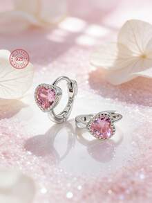 1 Đôi bông tai bạc 925 đính đá Zirconia hồng, hình trái tim, ít gây dị ứng, kiểu dáng mộng mơ và dễ thương, đóng gói trong hộp quà, quà tặng bông tai cho bé gái, quà sinh nhật/năm mới, quà tựu trường. - Một cỡ - Xem 3