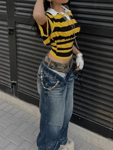 2026 New HoloChill Women's Casual Colorblock Striped Polo Collar Short Sleeve Knit Pullover Top, Summer Versatile Fitted T-Shirt, Women's Spring Apparel, Women's Holiday Party Top, Women's Beach Outfit, Women's Elegant Summer Vacation Wear - Yellow - View 6