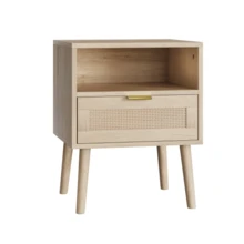 Vine Bedside Table, Bohemian Bedside Table With Open Shelf, Modern Medieval Bedside Table With Gold Handle, 45 X 40 X 55 Cm, 1 Piece - Natural Color - View 1