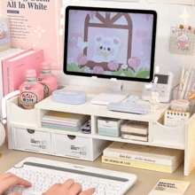 Multifunctional Computer Monitor Riser Stand, Desk Drawer Storage Organizer, Office Desktop Display Shelf Raiser - White - View 1