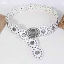 Cinturón con hebilla redonda de remache estilo retro, banda de cintura con ojetes de moda bohemia, versátil - Blanco - Ver 15