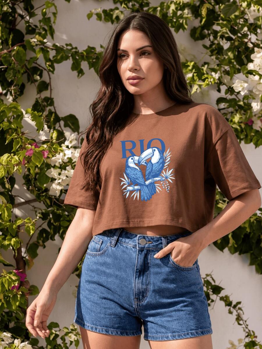 Cropped Cotton Blouse, Short, Comfortable, Casual, Streetwear, RIO TUCANO, Oversized, Printed, Tumblr Style, Women's Blouse, Sizes P To G3. - 鏽棕色 - 查看 1