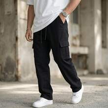 Men's Wide Leg Cargo Jeans And Twill Skate Pants Khaki 6 Pockets Drawstring Closure Unisex - Black - View 1