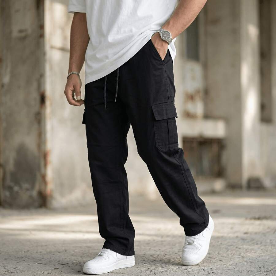 Men's Wide Leg Cargo Jeans And Twill Skate Pants Khaki 6 Pockets Drawstring Closure Unisex - Black - View 1