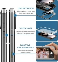 Armor Metal Case For IPhone 17 ProMax/17Pro/17AIR/17 With Tempered Glass Screen Protector, Heavy Duty Military Grade, Shockproof Dustproof Water Resistant Camera Protection Silicone Back Full Body Case - Silver - View 5