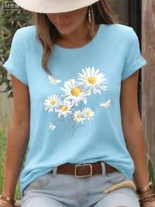 2026 Women's Round Neck Casual T-Shirt, White Daisy And Butterfly Print T-Shirt, Fresh And Natural Style, Countryside Floral And Insect Design, Round Neck Top, Breathable, Lightweight And Comfortable, Perfect For Spring And Summer, White Tops, Valentines Day Outfit, Mardi Gras, Summer Tops,   For Women, Valentine Outfits For Women, Women Tops, Fairycore, Superbowl, Elegant Women's Clothing - 淺藍色 - 查看 1