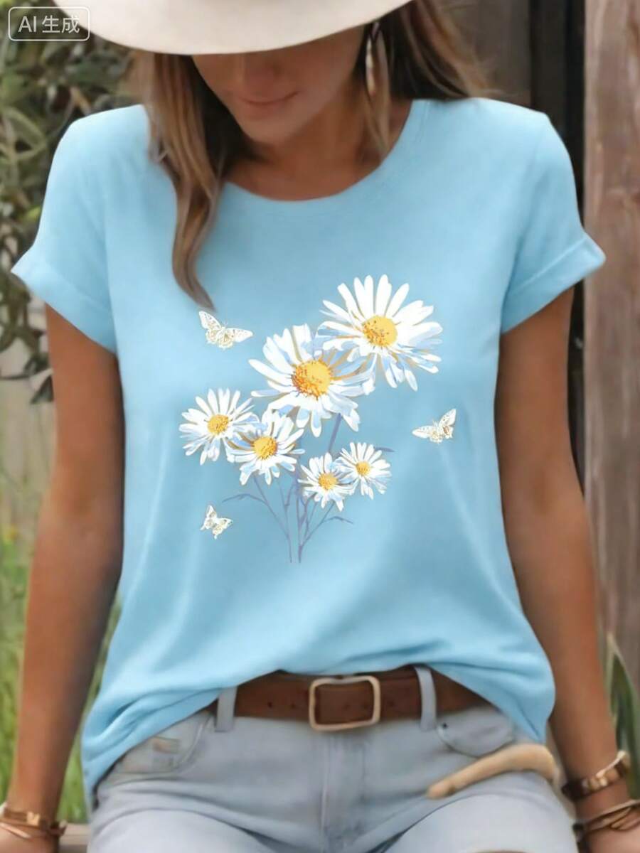 2026 Women's Round Neck Casual T-Shirt, White Daisy And Butterfly Print T-Shirt, Fresh And Natural Style, Countryside Floral And Insect Design, Round Neck Top, Breathable, Lightweight And Comfortable, Perfect For Spring And Summer, White Tops, Valentines Day Outfit, Mardi Gras, Summer Tops, For Women, Valentine Outfits For Women, Women Tops, Fairycore, Superbowl, Elegant Women's Clothing - 淺藍色 - 查看 1