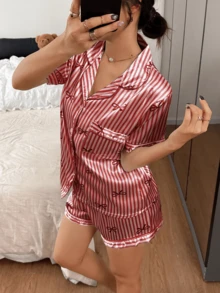 Dreamivo Bow Tie & Striped Print Short Sleeve Shorts Pajama Set For Women - Red - View 3