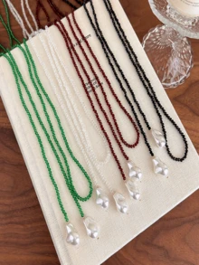 1 pieza Collar de cuentas negras con colgante asimétrico de cristal y perla falsos, de moda y personalizado. Collar largo y en capas, adecuado para uso diario, vacaciones, fiestas, como regalo - Collar - Ver 1