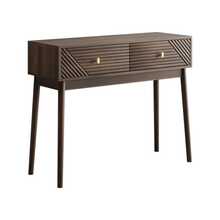 Desk, Mid-Century Modern Console Table With Drawers, Retro Reception Table With Open Shelves, Modern Coffee Table For Living Room, Foyer And Hallway - Walnut - View 9