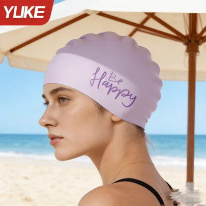 Yuke Happy Letter Silicone Swim Cap For Women And Men, Anti-Chlorine Waterproof Swimming Cap With Ear Protection & Long Hair Coverage, Cute Script Print Keep Hair Dry, Pool & Beach Essentials For Summer Water Sports