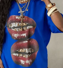 2026 Summer ShirtCoolane Women's Summer Concert Streetwear Vintage Casual Y2K Hippie Old Money Comfortable Lips Graphics Oversized White TeesLoose An - 藍色 - 查看 9