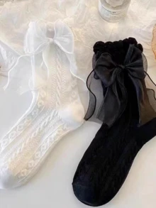 1/2/3/6 pares de calcetines de media caña versátiles y dulces con adornos de encaje, trenzados y lazos estilo Lolita - Multicolor - Ver 16