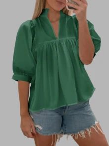 Women's Puff Sleeve V Neck Peplum Blouse Pleated Babydoll Loose Fit Casual Shirt - Dark Green - View 4