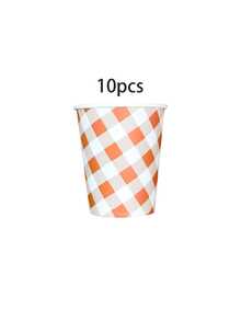 Set de 10 piezas/20 piezas/50 piezas/80 piezas de suministros para fiesta a cuadros naranja - Platos, vasos, servilletas de papel a cuadros naranja y blanco - Conjunto de vajilla con borde festoneado adecuado para picnics, fiestas de cumpleaños para hombres y mujeres - Cuadros naranjas y blancos - Ver 10