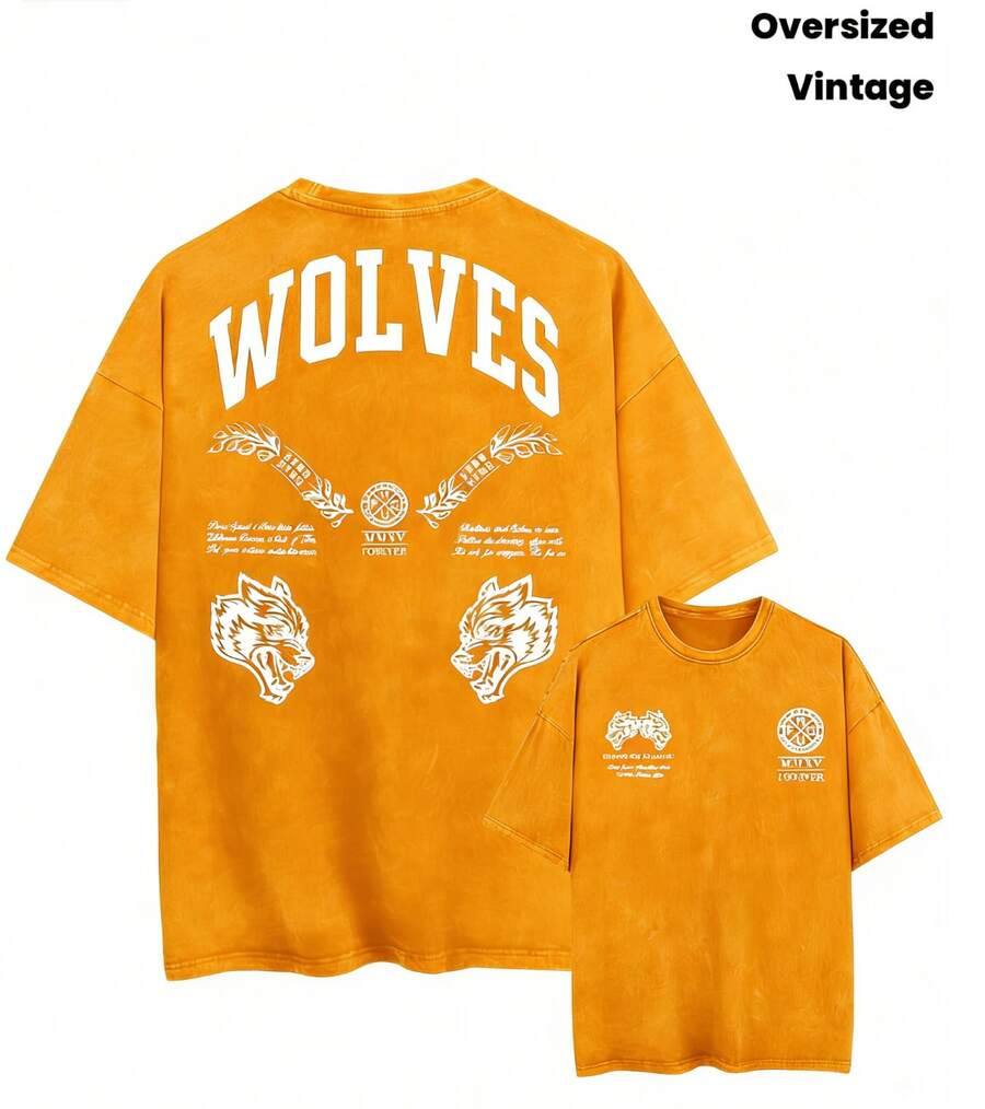 2026 Wolf Costume Retro Washed Men's T-Shirt, Perfect For Fitness And Weight Training, Loose-Fitting Summer Gym T-Shirt, Featuring 3D Design Loose And - 橘色 - 查看 1