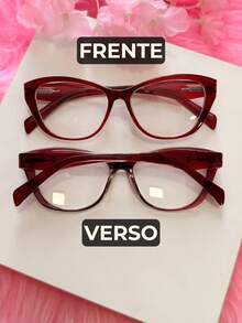 Geometric Cat-Eye Eyeglass Frame With Faceted Temples, Rounded Cat-Eye Shape, Made Of Lightweight And Durable Resin, Thick Sides, Perfect For Prescription Lenses, 2026 , Elegant And Luxurious Gift For Women - Đỏ - Xem 2
