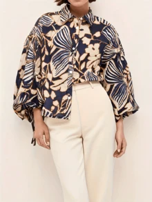 Elegant Women's Long Sleeve Shirt, Featuring Unique Patterned Woven Fabric And Button Details, Relaxed Fit Vacation Spring - Multicolor - View 4