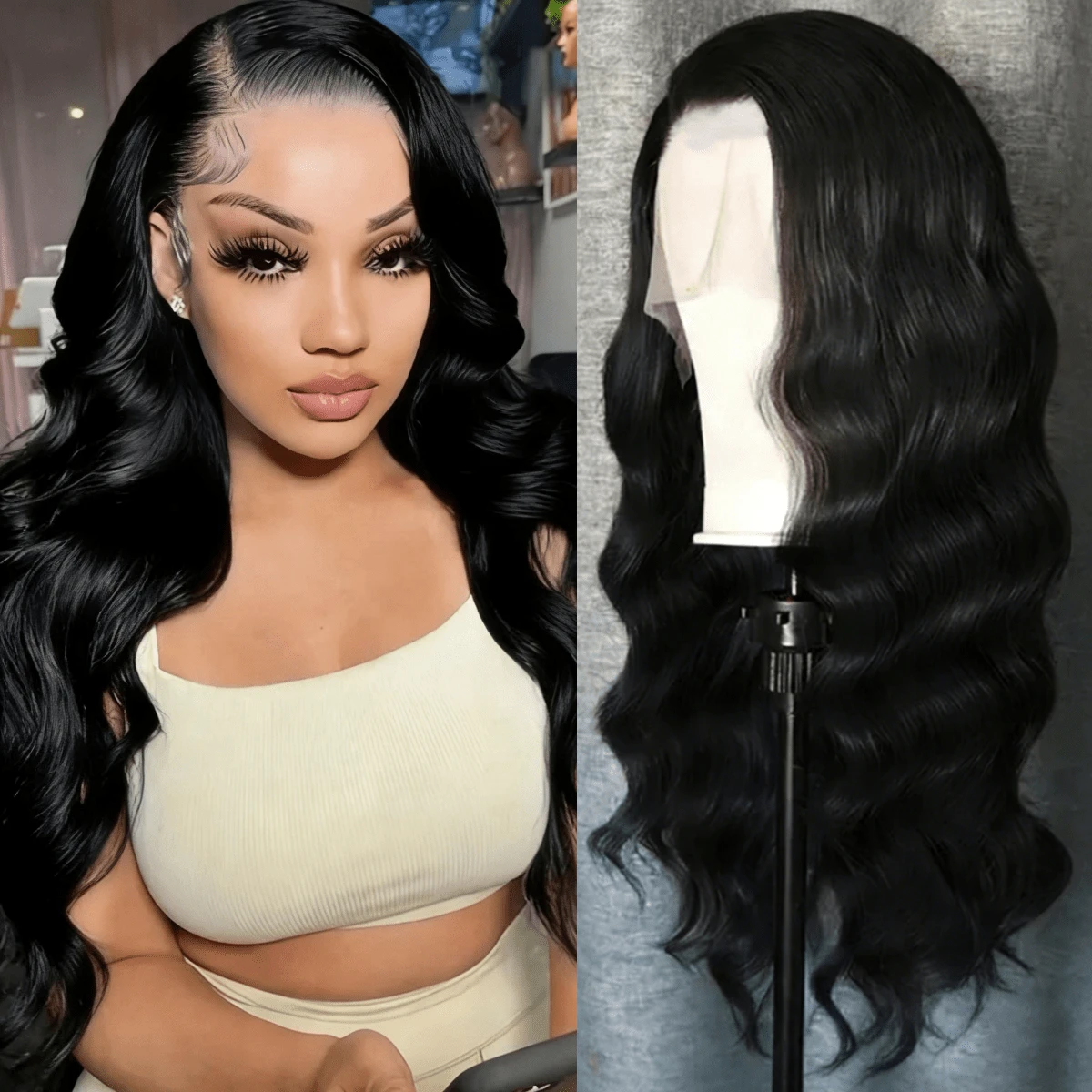 Extensiones de cabello sintético de 13x4 pulgadas de alta definición y transparentes | Peluca sintética ondulada negra de 28 pulgadas, sin pegamento con línea del cabello previamente desbastada, resistente al calor y transpirable, adecuada para uso diario, fiestas y cosplay, un regalo de Navidad ideal