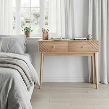 Desk, Mid-Century Modern Console Table With Drawers, Retro Reception Table With Open Shelves, Modern Coffee Table For Living Room, Foyer And Hallway - Oak - View 5