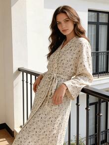 Lightweight Spring/Summer Robe/Sleepwear, Rabbit Print Sheer Robe/Kimono, Minimalist European Style, Long Sleeve, V-Neck, With Pockets, Comfortable Women's Loungewear Robe, Suitable For Spring, Summer, Autumn, Home, Bathroom, Best Birthday Gift For Daughter/Family - As Show - View 6